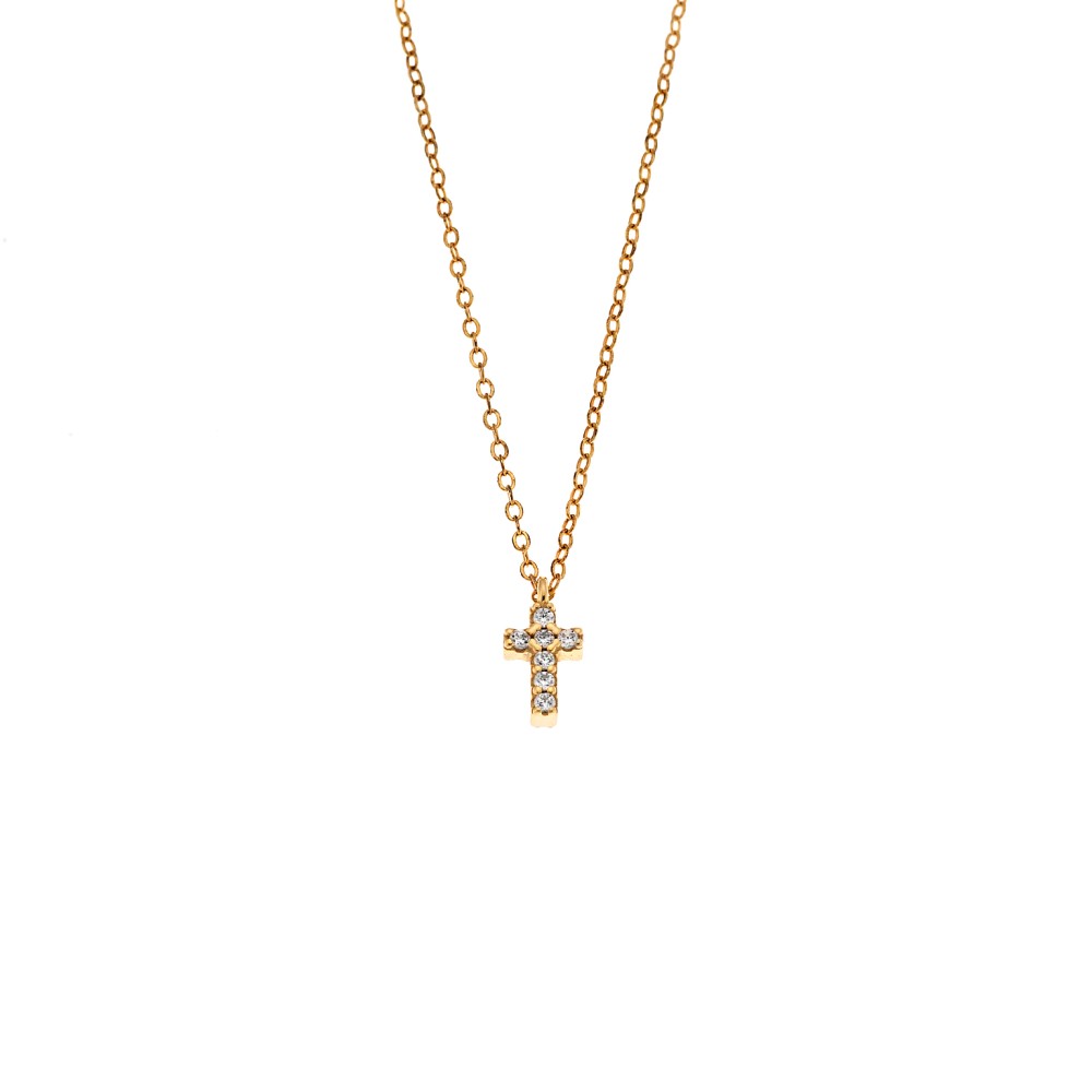 Κολιέ Senza επιχρυσωμένο ασήμι 925, σταυρουδάκι διπλής όψης με λευκά ζιργκόν - SSR3087GD
