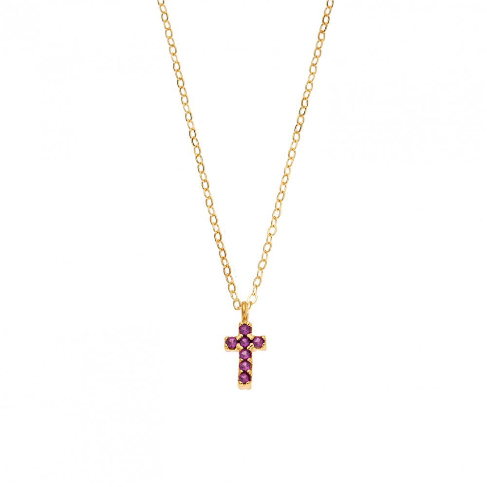 Κολιέ Senza επιχρυσωμένο ασήμι 925, σταυρουδάκι διπλής όψης με φούξια και λευκά ζιργκόν - SSR3087GF