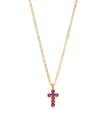Κολιέ Senza επιχρυσωμένο ασήμι 925, σταυρουδάκι διπλής όψης με φούξια και λευκά ζιργκόν - SSR3087GF