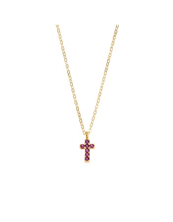 Κολιέ Senza επιχρυσωμένο ασήμι 925, σταυρουδάκι διπλής όψης με φούξια και λευκά ζιργκόν - SSR3087GF
