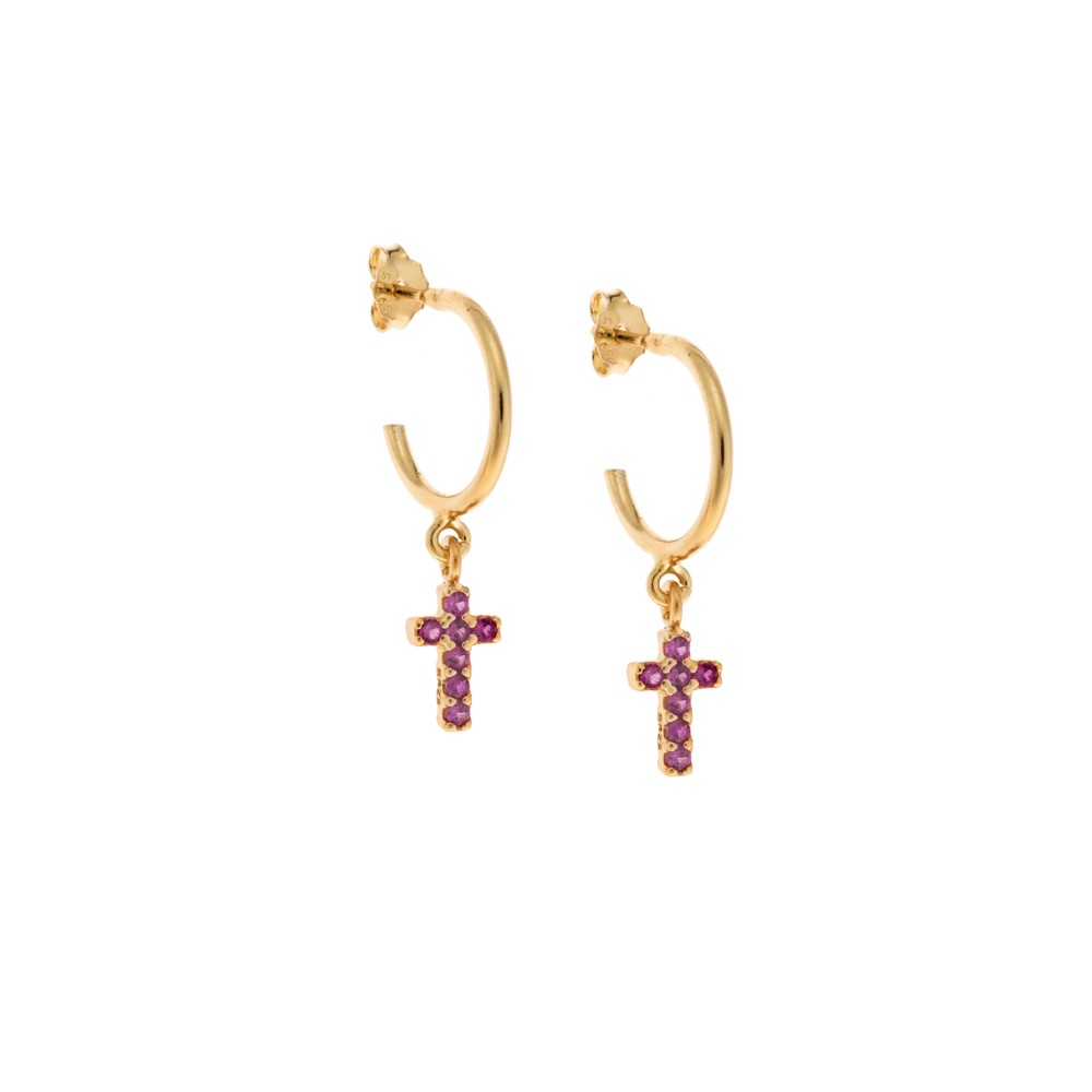 Σκουλαρίκια Κρίκοι Senza επιχρυσωμένο ασήμι 925, σταυρουδάκι διπλής όψης με φούξια και λευκά ζιργκόν - SSR3087GFKR