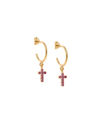 Σκουλαρίκια Κρίκοι Senza επιχρυσωμένο ασήμι 925, σταυρουδάκι διπλής όψης με φούξια και λευκά ζιργκόν - SSR3087GFKR