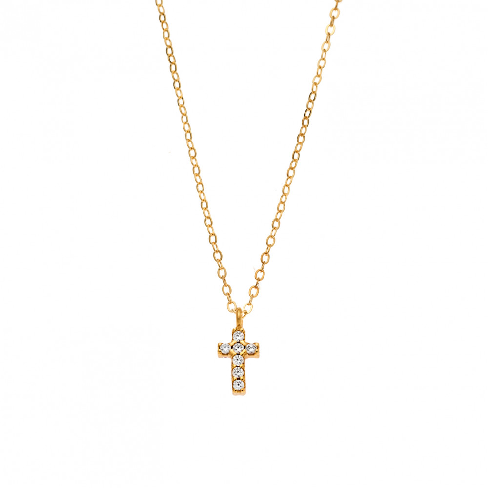 Κολιέ Senza επιχρυσωμένο ασήμι 925, σταυρουδάκι διπλής όψης με φούξια και λευκά ζιργκόν - SSR3087GF