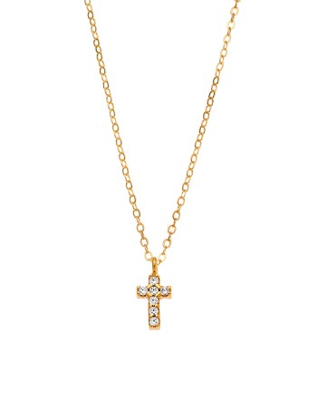 Κολιέ Senza επιχρυσωμένο ασήμι 925, σταυρουδάκι διπλής όψης με φούξια και λευκά ζιργκόν - SSR3087GF