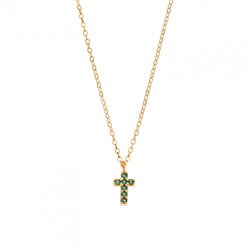 Κολιέ Senza επιχρυσωμένο ασήμι 925, σταυρουδάκι διπλής όψης με πράσινα και λευκά ζιργκόν - SSR3087GGN