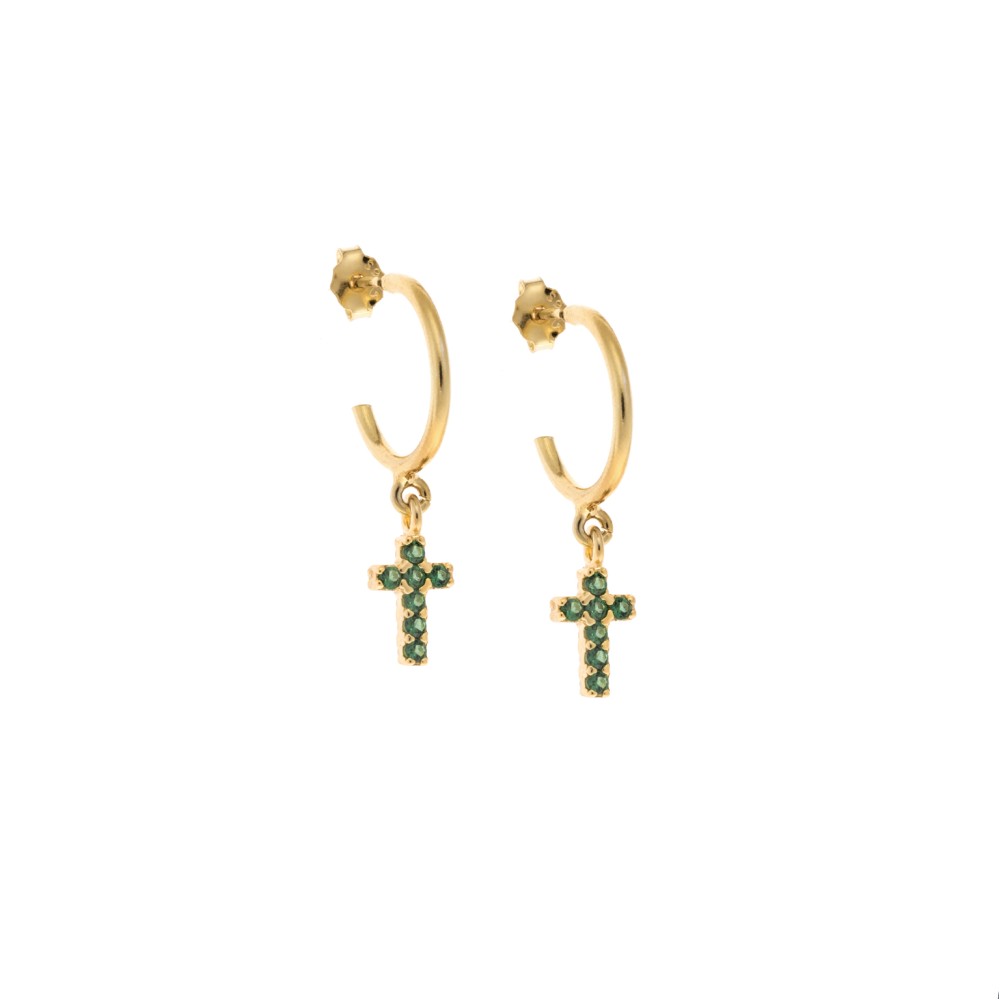Σκουλαρίκια Κρίκοι Senza επιχρυσωμένο ασήμι 925, σταυρουδάκι διπλής όψης με πράσινα &λευκά ζιργκόν - SSR3087GGNKR