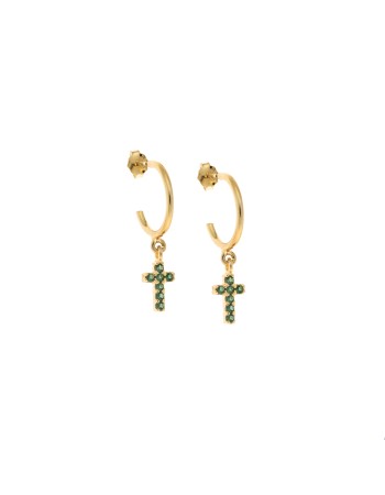 Σκουλαρίκια Κρίκοι Senza επιχρυσωμένο ασήμι 925, σταυρουδάκι διπλής όψης με πράσινα &λευκά ζιργκόν - SSR3087GGNKR