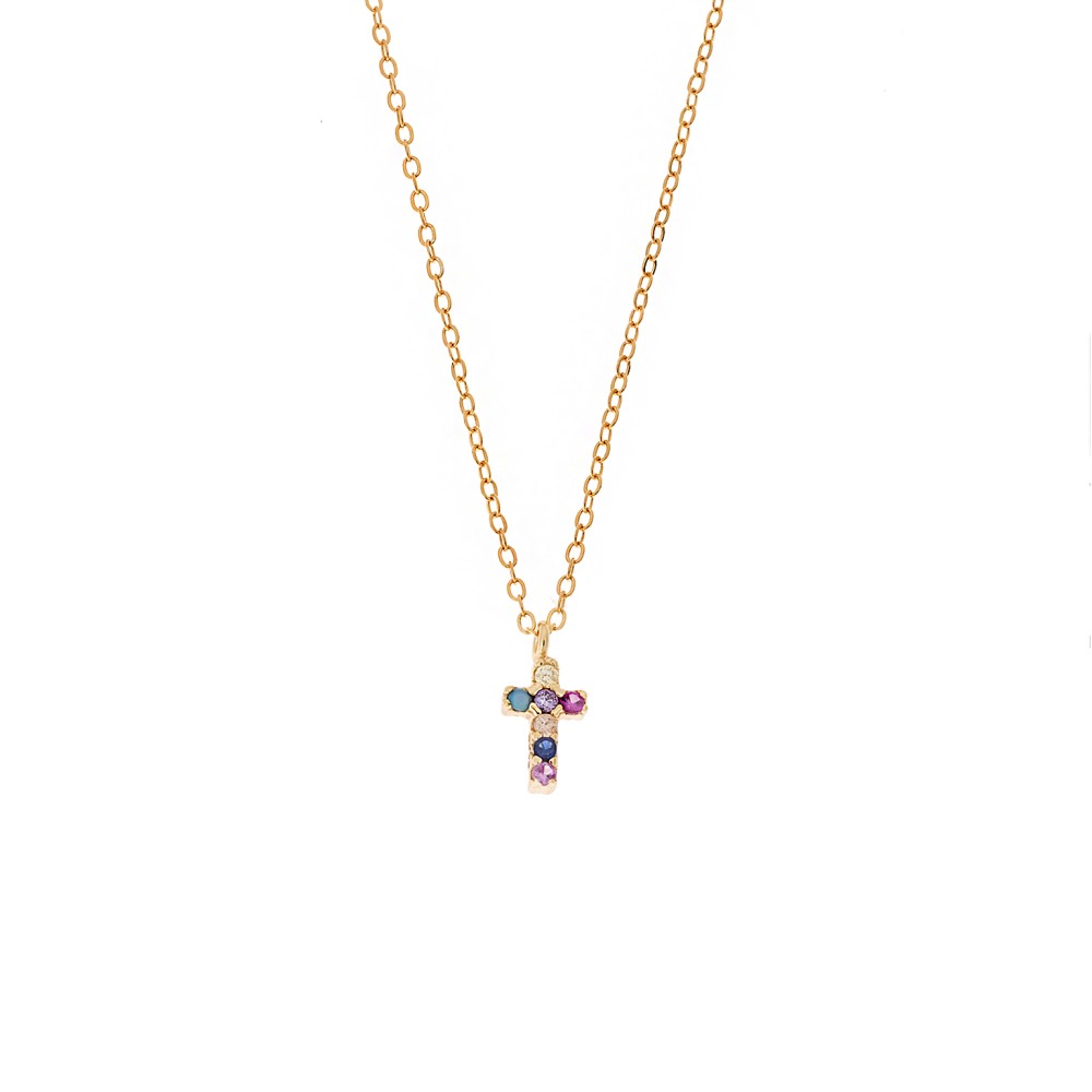 Κολιέ Senza επιχρυσωμένο ασήμι 925, σταυρουδάκι διπλής όψης με πολύχρωμα και λευκά ζιργκόν - SSR3087GMU