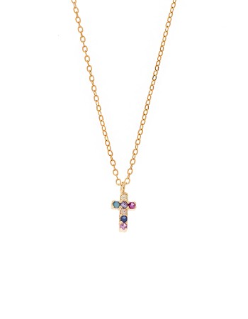 Κολιέ Senza επιχρυσωμένο ασήμι 925, σταυρουδάκι διπλής όψης με πολύχρωμα και λευκά ζιργκόν - SSR3087GMU