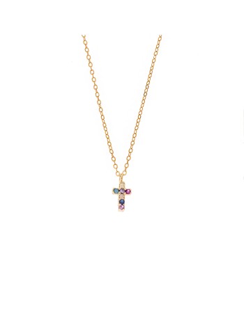 Κολιέ Senza επιχρυσωμένο ασήμι 925, σταυρουδάκι διπλής όψης με πολύχρωμα και λευκά ζιργκόν - SSR3087GMU
