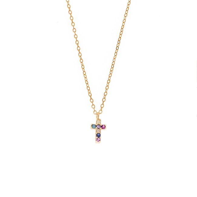 Κολιέ Senza επιχρυσωμένο ασήμι 925, σταυρουδάκι διπλής όψης με πολύχρωμα και λευκά ζιργκόν - SSR3087GMU