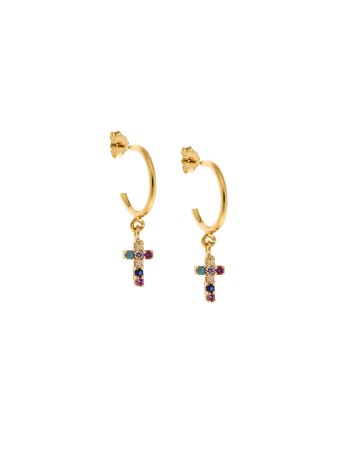 Σκουλαρίκια Κρίκοι Senza επιχρυσωμένο ασήμι 925, σταυρουδάκι διπλής όψης με πολύχρωμα &λευκά ζιργκόν - SSR3087GMUKR