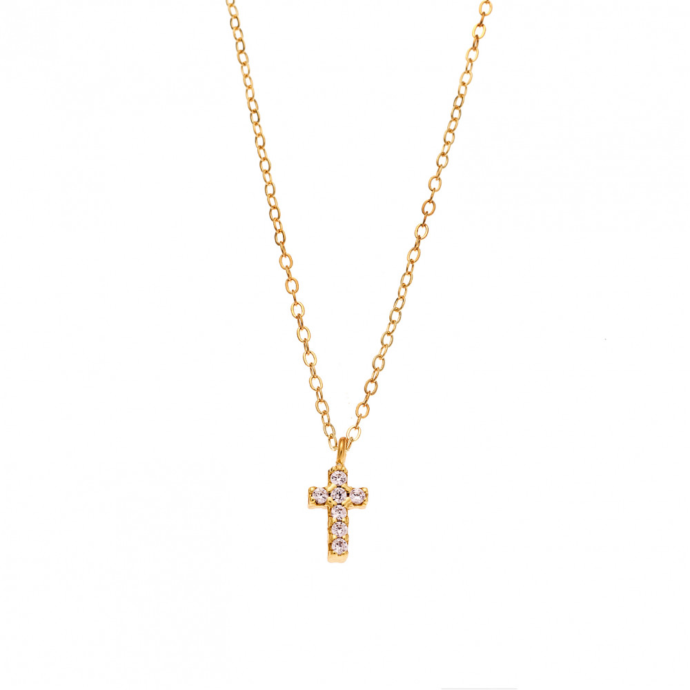 Κολιέ Senza επιχρυσωμένο ασήμι 925, σταυρουδάκι διπλής όψης με ροζ και λευκά ζιργκόν - SSR3087GPK
