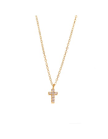 Κολιέ Senza επιχρυσωμένο ασήμι 925, σταυρουδάκι διπλής όψης με ροζ και λευκά ζιργκόν - SSR3087GPK
