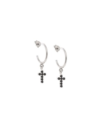 Σκουλαρίκια Κρίκοι Senza ασήμι 925, σταυρουδάκι διπλής όψης με μαύρα και λευκά ζιργκόν - SSR3087SBKKR