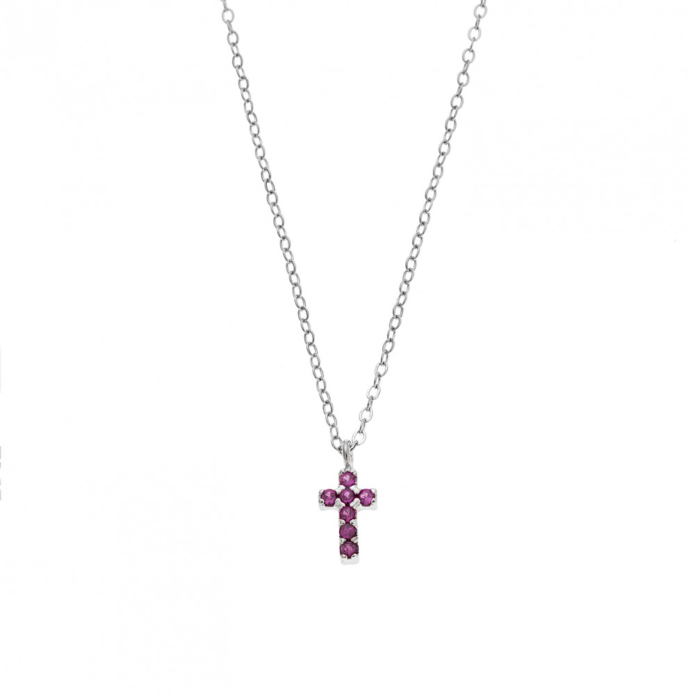 Κολιέ Senza ασήμι 925, σταυρουδάκι διπλής όψης με φούξια και λευκά ζιργκόν - SSR3087SF