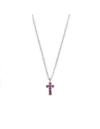 Κολιέ Senza ασήμι 925, σταυρουδάκι διπλής όψης με φούξια και λευκά ζιργκόν - SSR3087SF