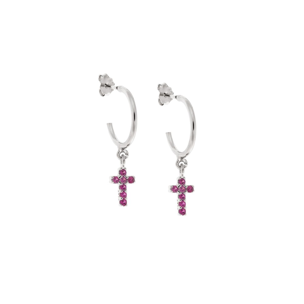 Σκουλαρίκια Κρίκοι Senza ασήμι 925, σταυρουδάκι διπλής όψης με φούξια και λευκά ζιργκόν - SSR3087SFKR