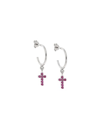 Σκουλαρίκια Κρίκοι Senza ασήμι 925, σταυρουδάκι διπλής όψης με φούξια και λευκά ζιργκόν - SSR3087SFKR