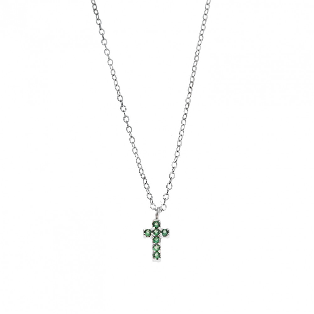Κολιέ Senza ασήμι 925, σταυρουδάκι διπλής όψης με πράσινα και λευκά ζιργκόν - SSR3087SGN