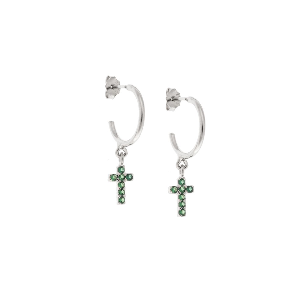 Σκουλαρίκια Κρίκοι Senza ασήμι 925, σταυρουδάκι διπλής όψης με πράσινα και λευκά ζιργκόν - SSR3087SGNKR