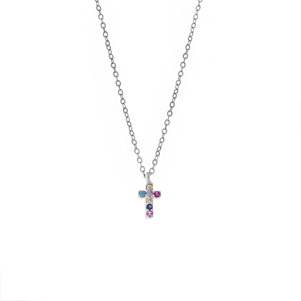 Κολιέ Senza ασήμι 925, σταυρουδάκι διπλής όψης με πολύχρωμα και λευκά ζιργκόν - SSR3087SMU