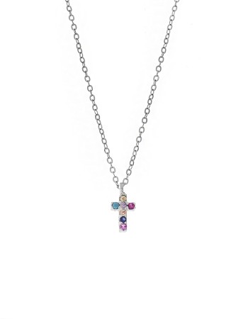 Κολιέ Senza ασήμι 925, σταυρουδάκι διπλής όψης με πολύχρωμα και λευκά ζιργκόν - SSR3087SMU