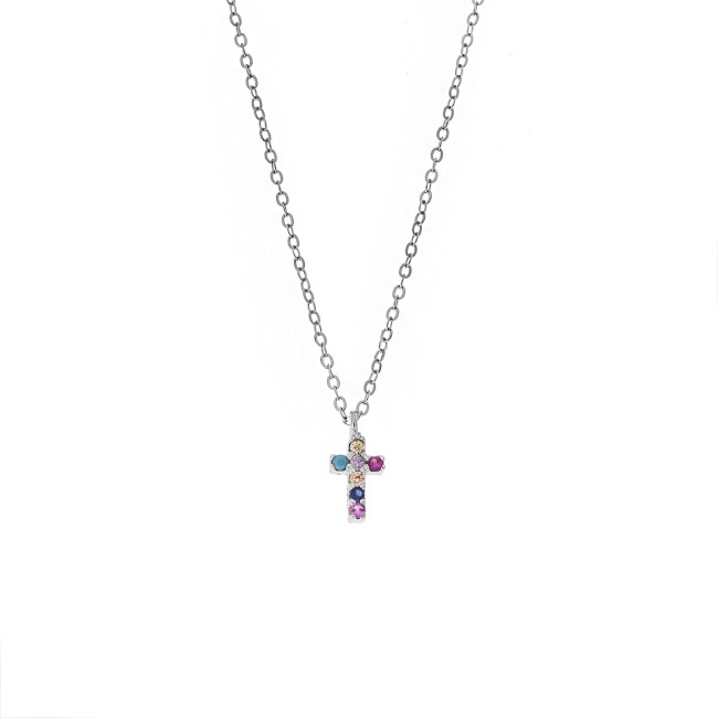 Κολιέ Senza ασήμι 925, σταυρουδάκι διπλής όψης με πολύχρωμα και λευκά ζιργκόν - SSR3087SMU