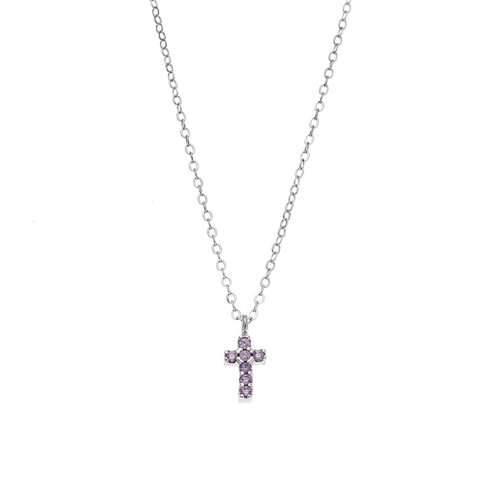 Κολιέ Senza ασήμι 925, σταυρουδάκι διπλής όψης με μωβ και λευκά ζιργκόν - SSR3087SPE