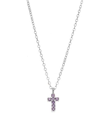 Κολιέ Senza ασήμι 925, σταυρουδάκι διπλής όψης με μωβ και λευκά ζιργκόν - SSR3087SPE