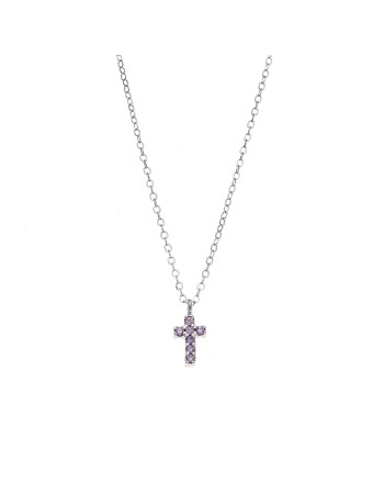 Κολιέ Senza ασήμι 925, σταυρουδάκι διπλής όψης με μωβ και λευκά ζιργκόν - SSR3087SPE