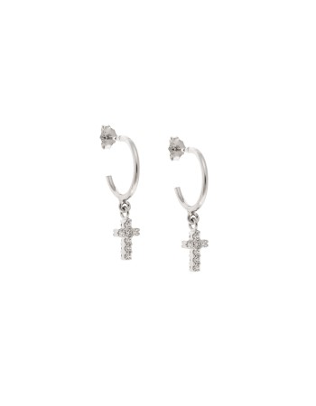 Σκουλαρίκια Κρίκοι Senza ασήμι 925, σταυρουδάκι διπλής όψης με μωβ και λευκά ζιργκόν - SSR3087SPEKR