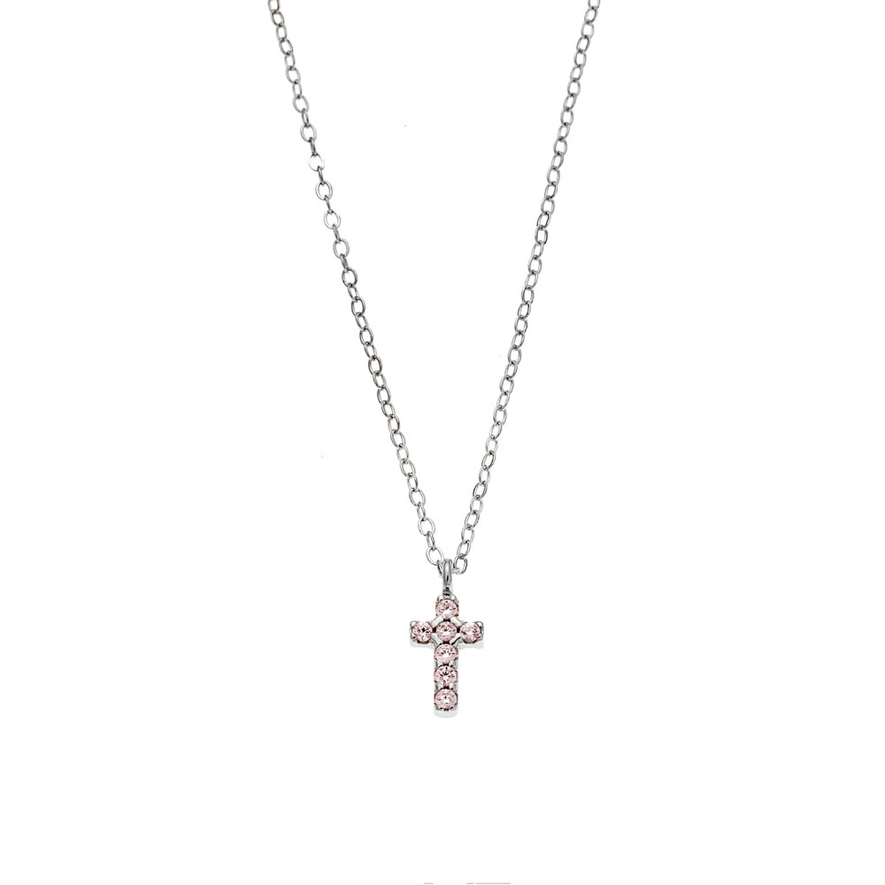 Κολιέ Senza ασήμι 925, σταυρουδάκι διπλής όψης με ροζ και λευκά ζιργκόν - SSR3087SPK