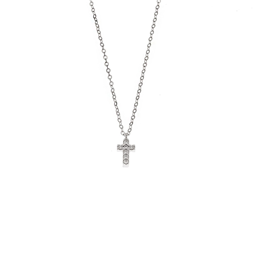 Κολιέ Senza ασήμι 925, σταυρουδάκι διπλής όψης με λευκά ζιργκόν - SSR3087SR