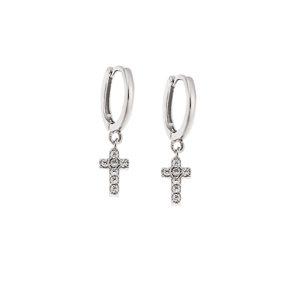 Σκουλαρίκια Κρίκοι Senza ασήμι 925, σταυρουδάκι διπλής όψης με λευκά ζιργκόν - SSR3087SRKR