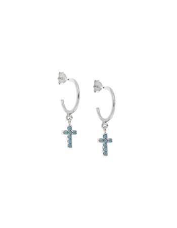 Σκουλαρίκια Κρίκοι Senza ασήμι 925, σταυρουδάκι διπλής όψης με τυρκουάζ και λευκά ζιργκόν - SSR3087STKR