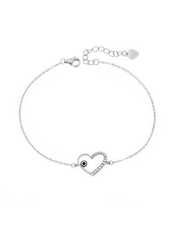 Βραχιόλι Senza Silver 925, Ματάκι μπλε και καρδιά με ζιργκόν - SSR3094
