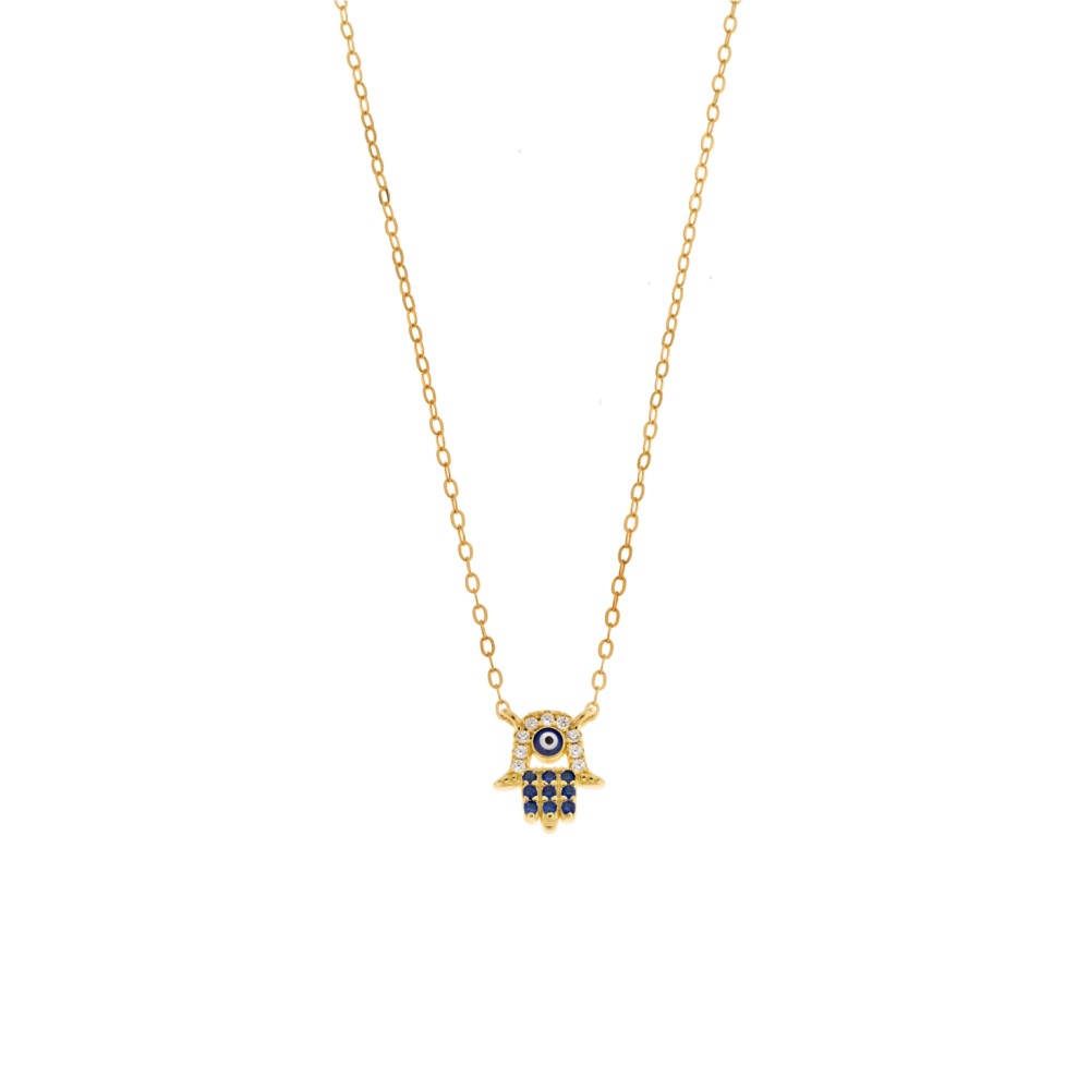 Κολιέ Senza επιχρυσωμένο ασήμι 925, χεράκι με μπλε μάτι με ζιργκόν - SSR3107GBL