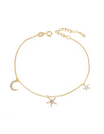 Βραχιόλι Senza επιχρυσωμένο ασήμι 925, φεγγαράκι με αστέρια και λευκά ζιργκόν - SSR3180GD