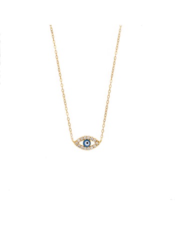 Κολιέ Senza Silver 925 Gold Plated, Ματάκι γαλάζιο με σμάλτο και λευκά ζιργκόν - SSR3200GLB