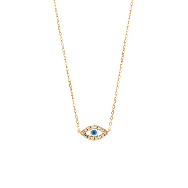 Κολιέ Senza Silver 925 Gold Plated, Ματάκι λευκό με σμάλτο και λευκά ζιργκόν - SSR3200GWH