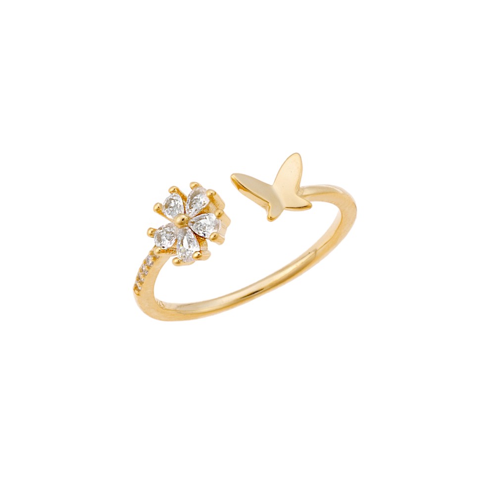 Δαχτυλίδι Senza κίτρινο επιχρυσωμένο ασήμι 925, πεταλούδα με λουλούδι και λευκά ζιργκόν - SSR3219GD