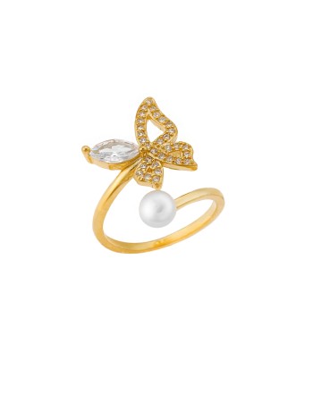 Δαχτυλίδι Senza κίτρινο επιχρυσωμένο ασήμι 925, πεταλούδα με λευκά ζιργκόν και πέρλα - SSR3230GD