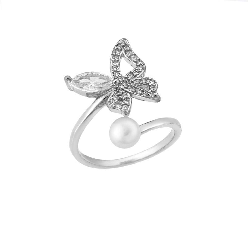 Δαχτυλίδι Senza ασήμι 925, πεταλούδα με λευκά ζιργκόν και πέρλα - SSR3230SR