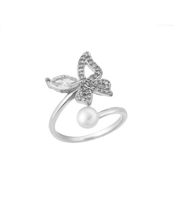 Δαχτυλίδι Senza ασήμι 925, πεταλούδα με λευκά ζιργκόν και πέρλα - SSR3230SR