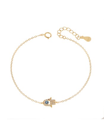 Βραχιόλι Senza Silver 925, επιχρυσωμένο ματάκι γαλάζιο και χέρι της τύχης με ζιργκόν - SSR3270GLB