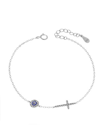 Βραχιόλι Senza Silver 925, ματάκι μπλε με σμάλτο και σταυρός με ζιργκόν - SSR3273SBL