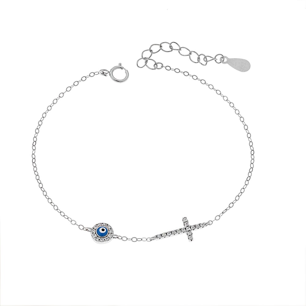Βραχιόλι Senza Silver 925, ματάκι γαλάζιο με σμάλτο και σταυρός με ζιργκόν - SSR3273SLB