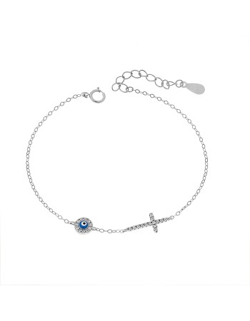 Βραχιόλι Senza Silver 925, ματάκι γαλάζιο με σμάλτο και σταυρός με ζιργκόν - SSR3273SLB