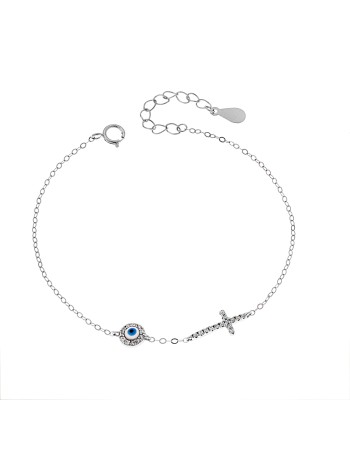 Βραχιόλι Senza Silver 925, ματάκι λευκό & γαλάζιο με σμάλτο και σταυρός με ζιργκόν - SSR3273SWH